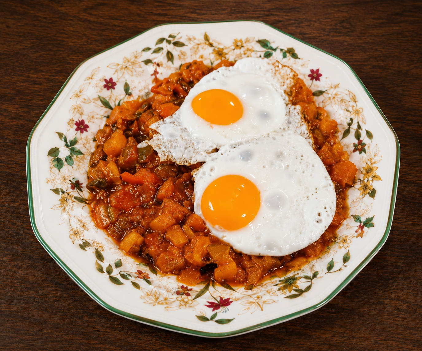 Plato de huevos fritos con pisto casero preparado en Bar Los Dados, restaurante en Puerta del Ángel, Madrid.