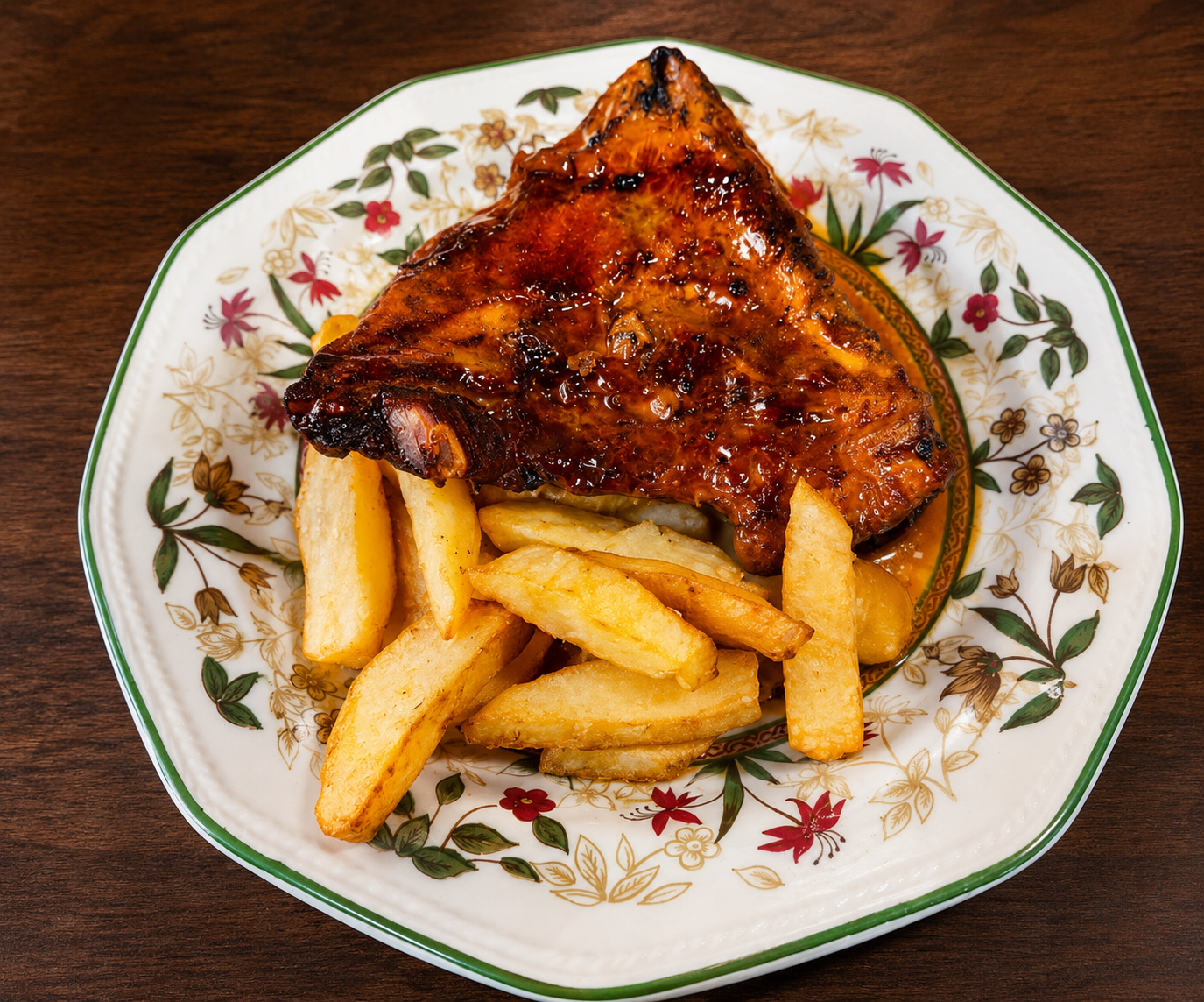 Costilla asada con patatas del menú del día de Bar Los Dados, cocina casera en Puerta del Ángel (Madrid).