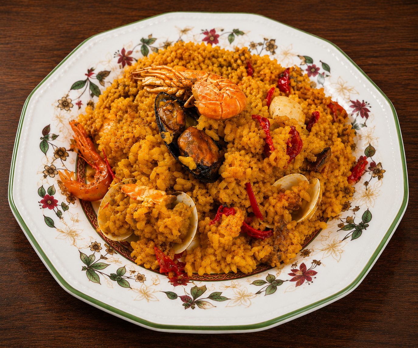 Paella casera de marisco servida en el menú del día de Bar Los Dados, cocina casera en Puerta del Ángel (Madrid).