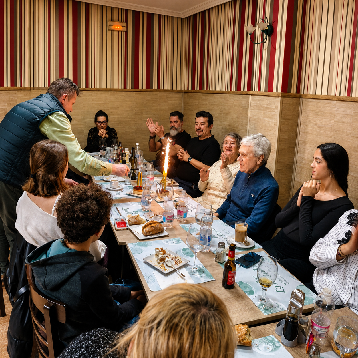 Grupo de clientes celebrando una comida en Bar Los Dados, restaurante de cocina casera en Puerta del Ángel, Madrid.