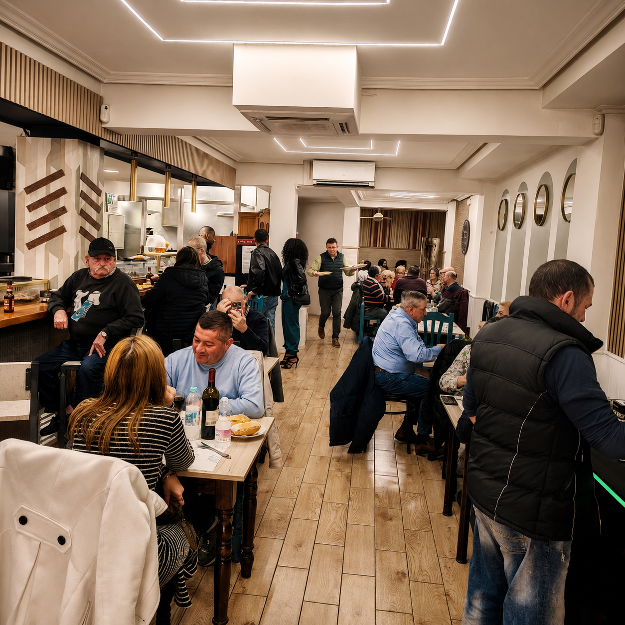 Vista del comedor renovado de Bar Los Dados con clientes disfrutando de tapas y comidas en Puerta del Ángel, Madrid.